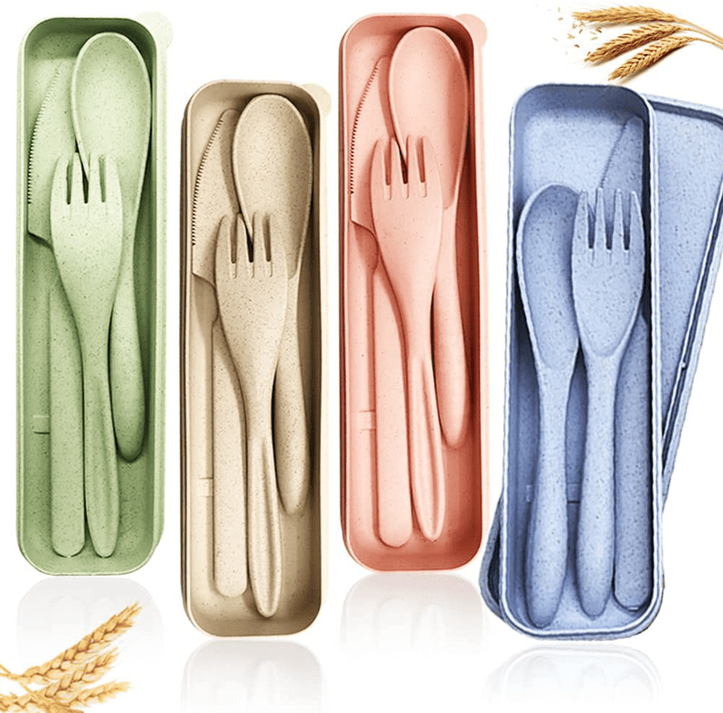 4 Sets Wheat Straw Cutlery,Portable Cutlery,Reusable Spoon Knife Forks,Spoon Knife Fork Tableware set for Kids Adult Travel Picnic Camping or Daily Use (4 Colors) Home & Garden > Kitchen & Dining > Tableware > Flatware > Flatware Sets Qyyiguf Default Title  