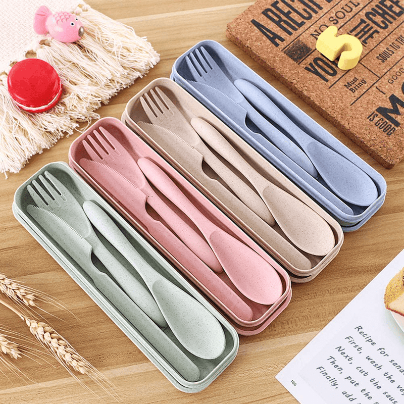 4 Sets Wheat Straw Cutlery,Portable Cutlery,Reusable Spoon Knife Forks,Spoon Knife Fork Tableware set for Kids Adult Travel Picnic Camping or Daily Use (4 Colors)