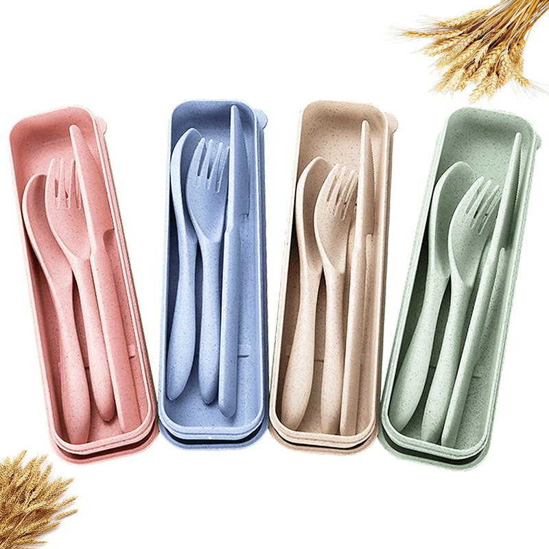 4 Sets Wheat Straw Cutlery,Portable Travel Spoon Fork Knife,Reusable Eco-Friendly BPA Free Utensils for Kids Adult Travel Picnic Camping(Green,Barley,Pink,Blue) Home & Garden > Kitchen & Dining > Tableware > Flatware > Flatware Sets Dshengoo Default Title  