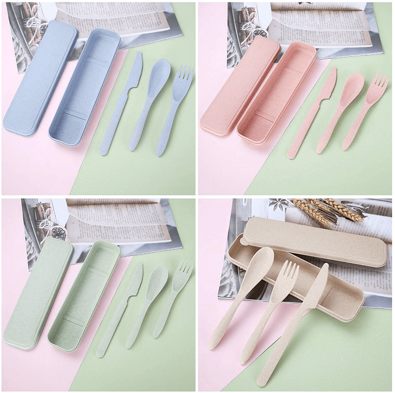 4 Sets Wheat Straw Cutlery,Portable Travel Spoon Fork Knife,Reusable Eco-Friendly BPA Free Utensils for Kids Adult Travel Picnic Camping(Green,Barley,Pink,Blue) Home & Garden > Kitchen & Dining > Tableware > Flatware > Flatware Sets Dshengoo   
