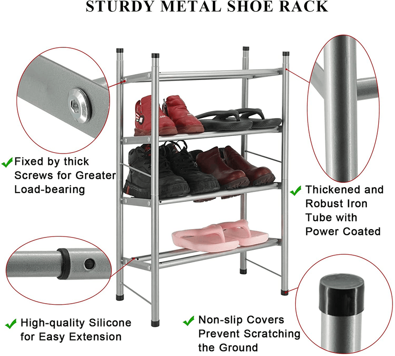 4 Tier Expandable Shoe Rack,Stackable & Adjustable Shoe Organizer Shoe Stand,Metal Free Standing Shoe Shelf Storage,Long Sneaker Rack Closet Shoe Racks for Closet Entryway-Grey