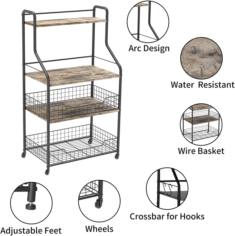 4 Tier Rolling Kitchen Bakers Rack with Storage 5 S Hooks, Kitchen Rolling Utility Cart with Shelves Wire Basket, Kitchen Serving Bar Cart, Microwave Oven Stand Fruit Vegetable Spice Organizer Rack
