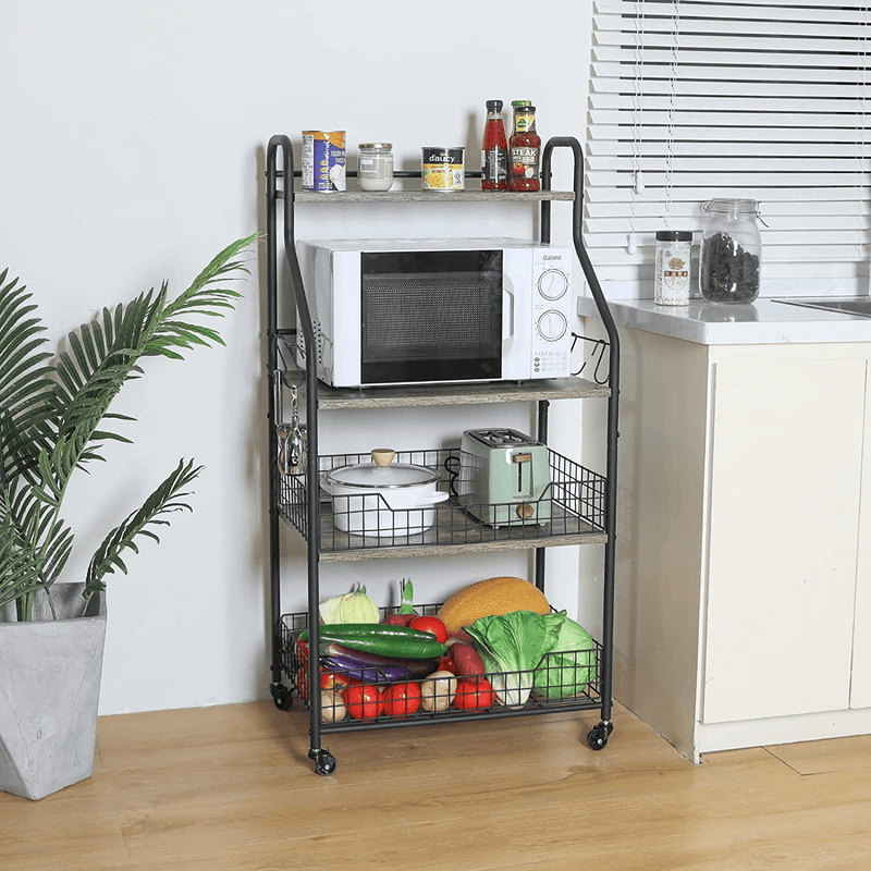 4 Tier Rolling Kitchen Bakers Rack with Storage 5 S Hooks, Kitchen Rolling Utility Cart with Shelves Wire Basket, Kitchen Serving Bar Cart, Microwave Oven Stand Fruit Vegetable Spice Organizer Rack Home & Garden > Kitchen & Dining > Food Storage Sonyabecca   