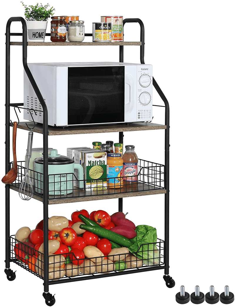 4 Tier Rolling Kitchen Bakers Rack with Storage 5 S Hooks, Kitchen Rolling Utility Cart with Shelves Wire Basket, Kitchen Serving Bar Cart, Microwave Oven Stand Fruit Vegetable Spice Organizer Rack