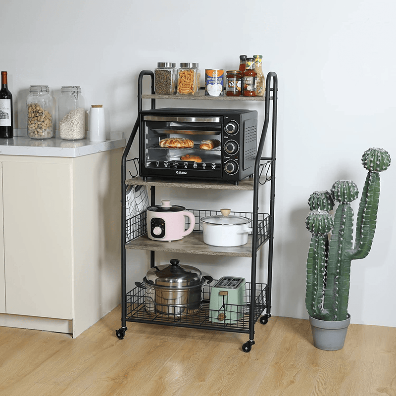 4 Tier Rolling Kitchen Bakers Rack with Storage 5 S Hooks, Kitchen Rolling Utility Cart with Shelves Wire Basket, Kitchen Serving Bar Cart, Microwave Oven Stand Fruit Vegetable Spice Organizer Rack Home & Garden > Kitchen & Dining > Food Storage Sonyabecca   