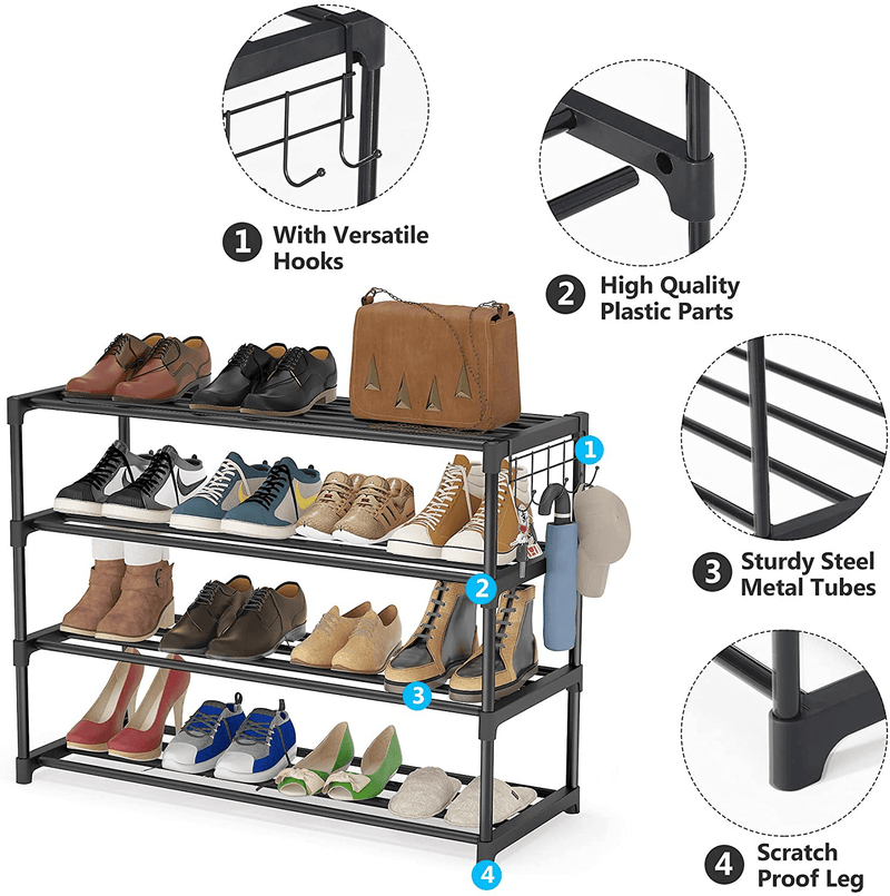 4-Tier Shoe Rack, Metal Shoe Storage Organizer, Stackable 16 Pairs Shoe Shelf Freestanding Shoe Tower Space Saving for Entryway, Closet Floor, Living Room, Black (4 TIER)