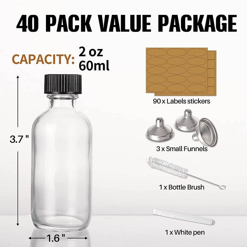 40 Pack, 2 Oz Small Glass Bottles with Airtight Lids, 60 Ml Empty Clear Sample Boston Bottle/Vials/Containers for Juice, Ginger Shots, Potion, Oils, Liquids - 90 Sticky Labels, Brush, 3Funnels Home & Garden > Decor > Decorative Jars Antimbee   