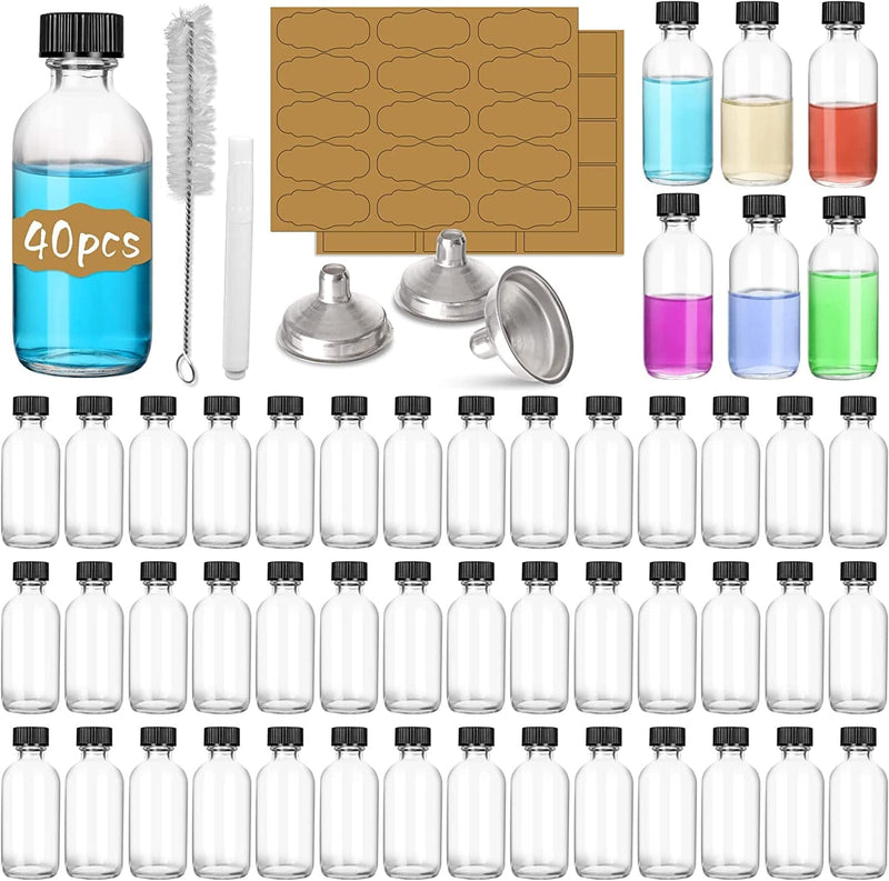 40 Pack, 2 Oz Small Glass Bottles with Airtight Lids, 60 Ml Empty Clear Sample Boston Bottle/Vials/Containers for Juice, Ginger Shots, Potion, Oils, Liquids - 90 Sticky Labels, Brush, 3Funnels Home & Garden > Decor > Decorative Jars Antimbee 40  