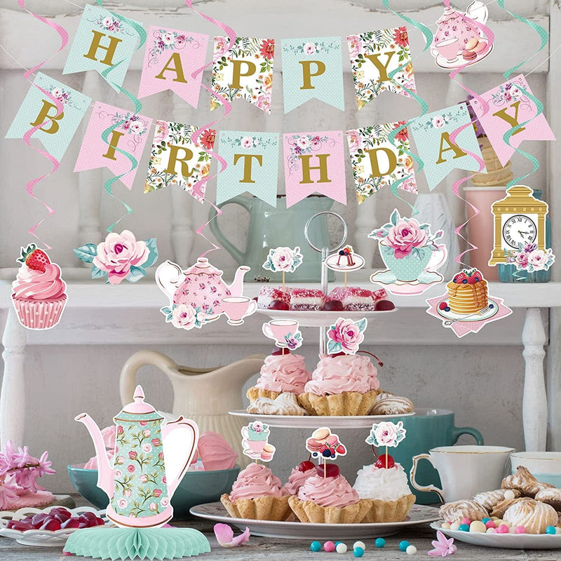 40 Pieces Floral Tea Party Decorations Floral Birthday Banner Teapot Birthday Decorations Floral Tea Honeycomb Centerpieces Tea Hanging Swirl Decoration for Birthday Baby Shower Wedding Party Supplies