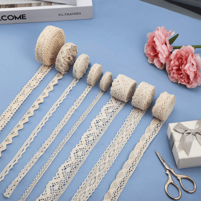 40 Yards Lace Trim Vintage Lace Ribbon Crochet Lace Scalloped Edge for Bridal Wedding Decoration Christmas Package DIY Sewing Craft Supply, 5 Yards Each, 8 Styles (Beige) Arts & Entertainment > Hobbies & Creative Arts > Arts & Crafts Tatuo   