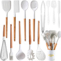 Kitchen Cooking Utensils Set, 14 Non-Stick Silicone Cooking Kitchen Utensils Spatula Set with Holder, Wooden Handle Silicone Kitchen Gadgets Utensil Set for Nonstick Cookware(White)