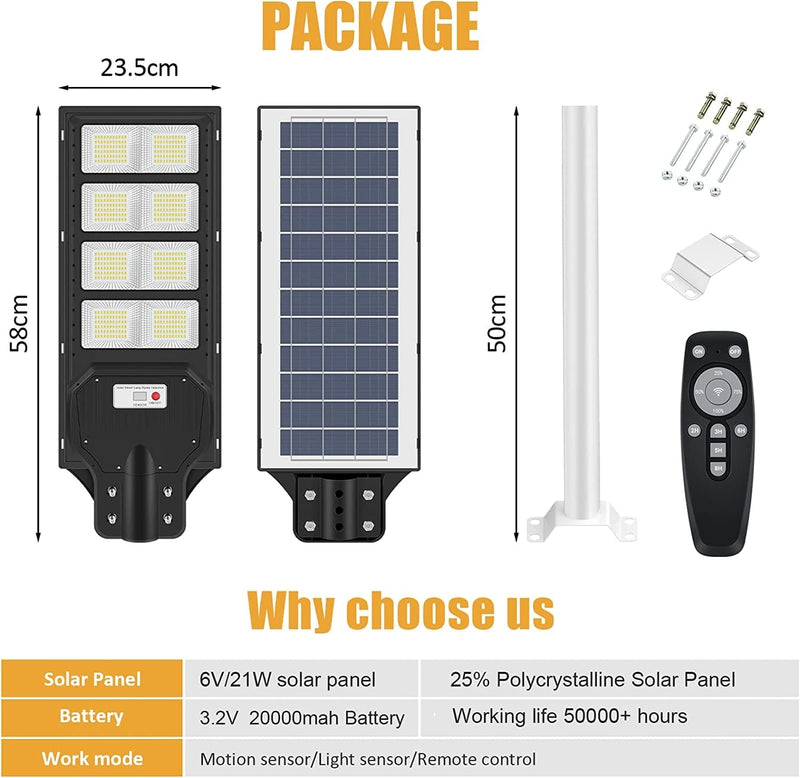 400W Led Solar Street Light Outdoor, 20000LM IP66 Waterproof Solar Security Flood Lights Outdoor Motion Sensor, Dusk to Dawn Solar LED Light Lamp with Remote Control for Garden,Yard, Parking Lot