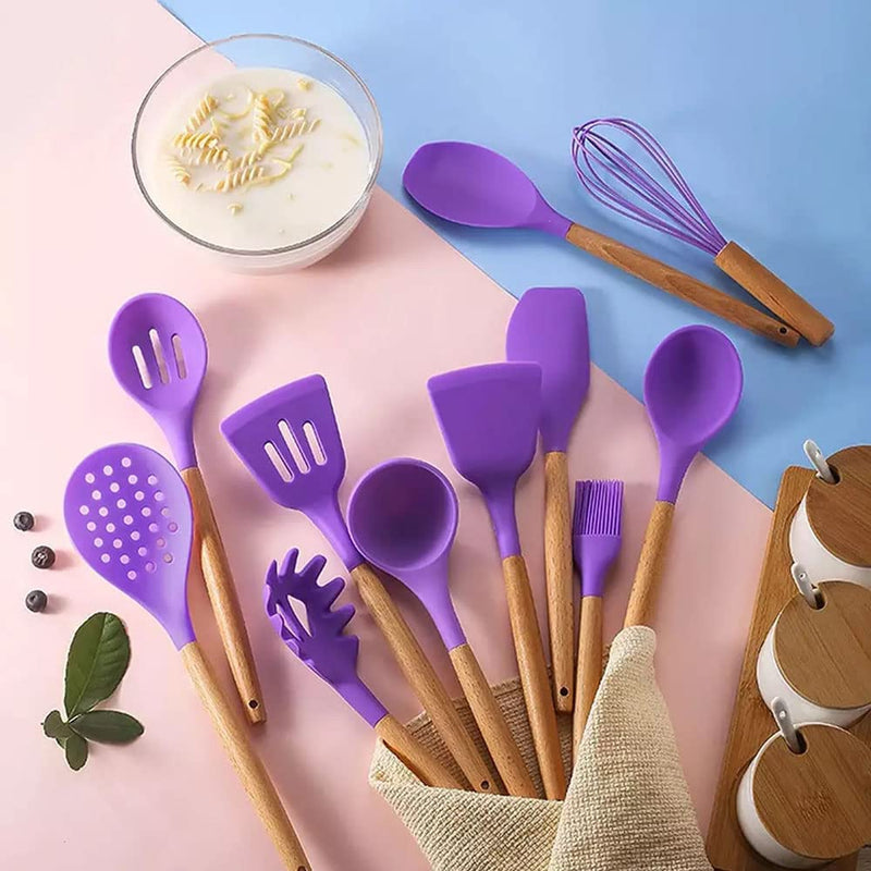 Karangred 12Pcs Silicone Cooking Kitchen Utensils Set with Holder,Wooden Handles Cooking Tool,Bpa Free,Non Toxic Turner Tongs Spatula Spoon Kitchen Gadgets Set for Nonstick Cookware (Purple)