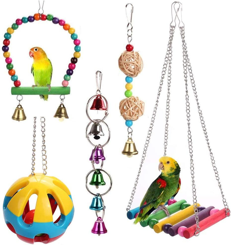 HAPPYTOY Bird Parrot Toys Play Fun Set for Cages, 7Pcs Colorful Chewing Hanging Swing Toy Bells, Wooden Spiral, Cotton Rope, Ladder Swing for Small Parrots, Macaws, Parakeets, Conures, Cockatiels, Lov Animals & Pet Supplies > Pet Supplies > Bird Supplies > Bird Toys HAPPYTOY Bird Swing Set3  