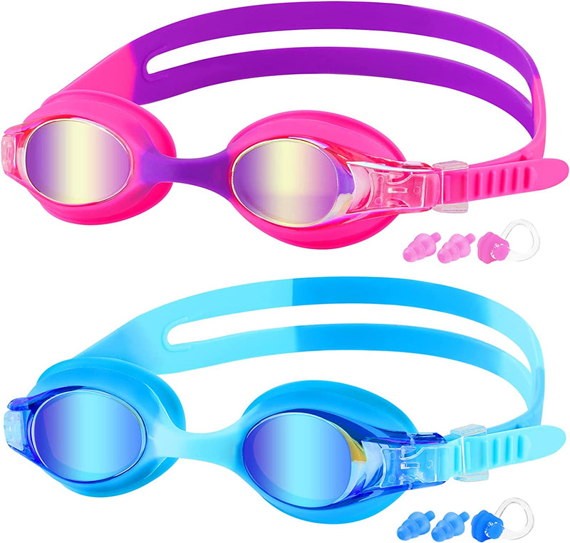 COOLOO Kids Goggles for Swimming for Age 3-15, 2 Pack Kids Swim Goggles with Nose Cover, No Leaking, Anti-Fog, Waterproof Sporting Goods > Outdoor Recreation > Boating & Water Sports > Swimming > Swim Goggles & Masks COOLOO Blue & Pink  