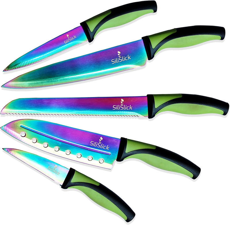 Titanium Coated Rainbow Knife Set - Sharp Stainless Steel Knives Set with Kitchen Utility Knife, Santoku, Bread, Chef, & Paring Knives with Covers - Iridescent Kitchen Accessories - Silislick Home & Garden > Kitchen & Dining > Kitchen Tools & Utensils > Kitchen Knives SiliSlick Green Handle  
