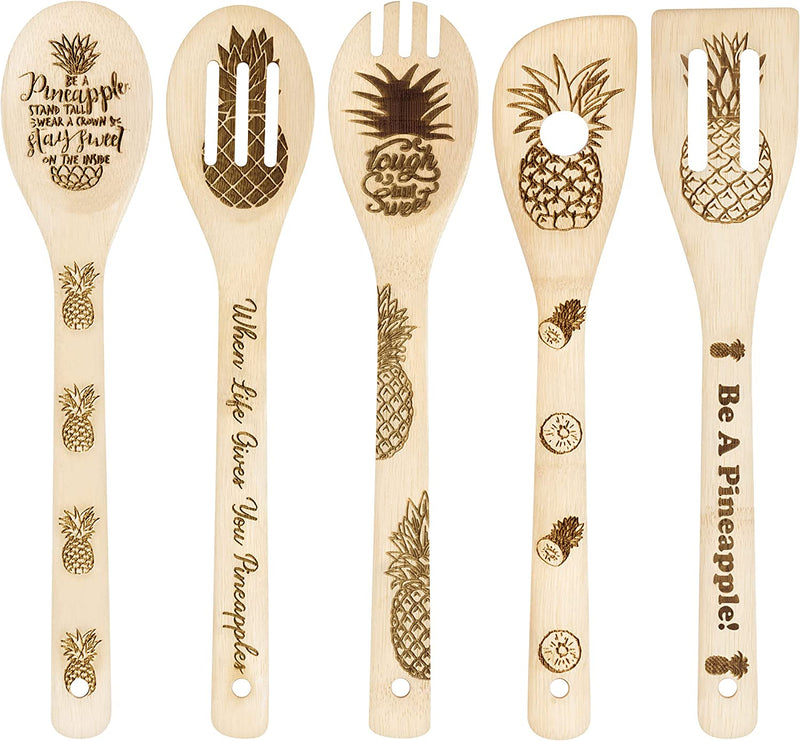 Eartim 5Pcs Sunflower Wooden Spoons Utensils Set, Summer Sunflower Theme Kitchen Cooking Utensils Natural Non-Stick Carve Burned Bamboo Cooking Spoon Slotted Spatulas Tools Birthday Wedding Gifts