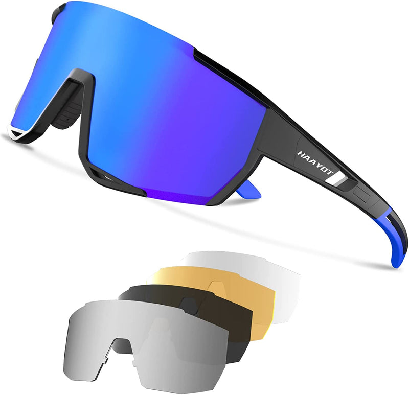 HAAYOT Cycling Glasses Polarized Baseball Sunglasses for Men Women 1 or 5 Lenses Sport Sunglasses for Fishing Driving Running Sporting Goods > Outdoor Recreation > Cycling > Cycling Apparel & Accessories HAAYOT Black Frame & Blue Lens  