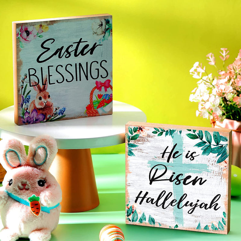 2 Pieces Easter Wooden Plaque Decoration Easter Christian Wooden Sign Easter Blessings and He Is Risen Hallelujah Rustic Easter Religious Wood Table Decoration for Wall Door Room Home Decor