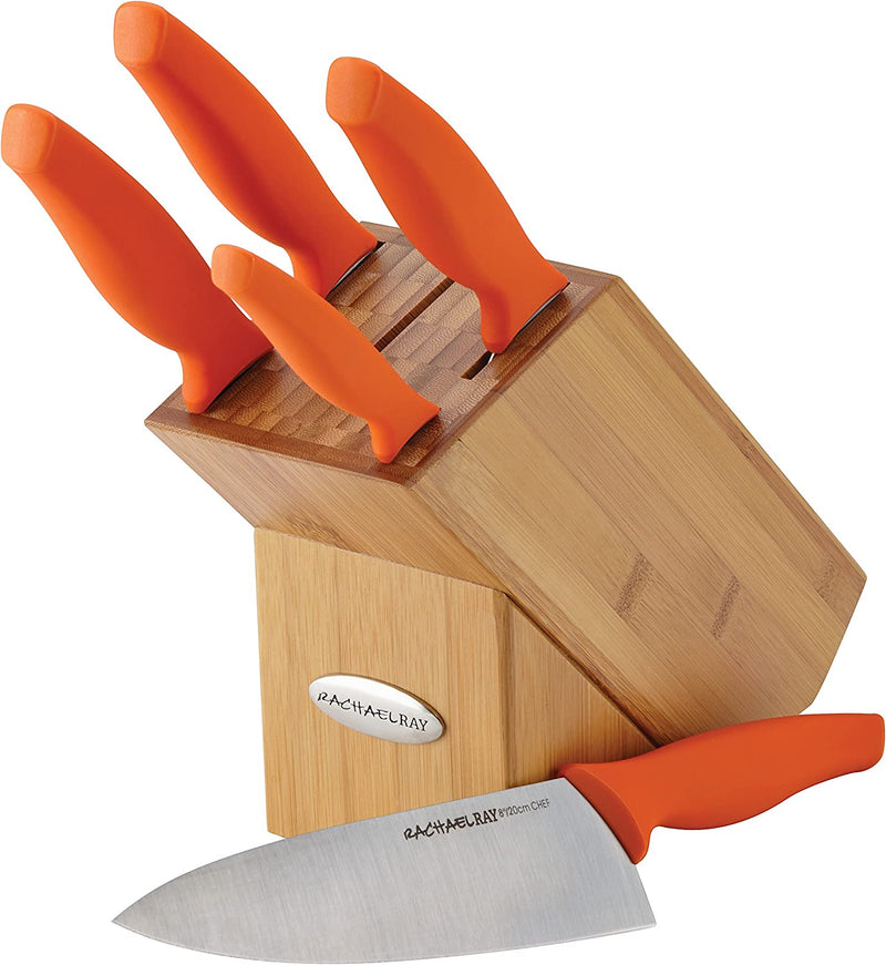 Rachael Ray Cucina Japanese Stainless Steel Knife Kitchen Cutlery Wooden Block Set, 6 Piece, Agave Blue