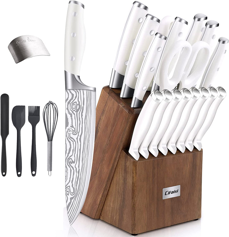 Knife Set, 23 PCS Kitchen Knife Set with Block, Germany High Carbon Stainless Steel Chef Knife Block Set, Knives Set for Kitchen with Sharpener & Finger Guard, Ultra Sharp, White Home & Garden > Kitchen & Dining > Kitchen Tools & Utensils > Kitchen Knives Cifaisi   