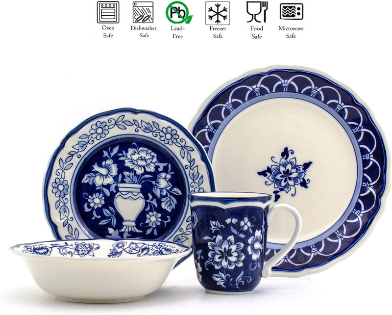 Euro Ceramica Blue Garden 16 Piece Oven Safe Hand Painted Stoneware Dinnerware Set, Service for 4, Bold Vase Design/Floral Pattern, White Home & Garden > Kitchen & Dining > Tableware > Dinnerware Euro Ceramica Inc.   