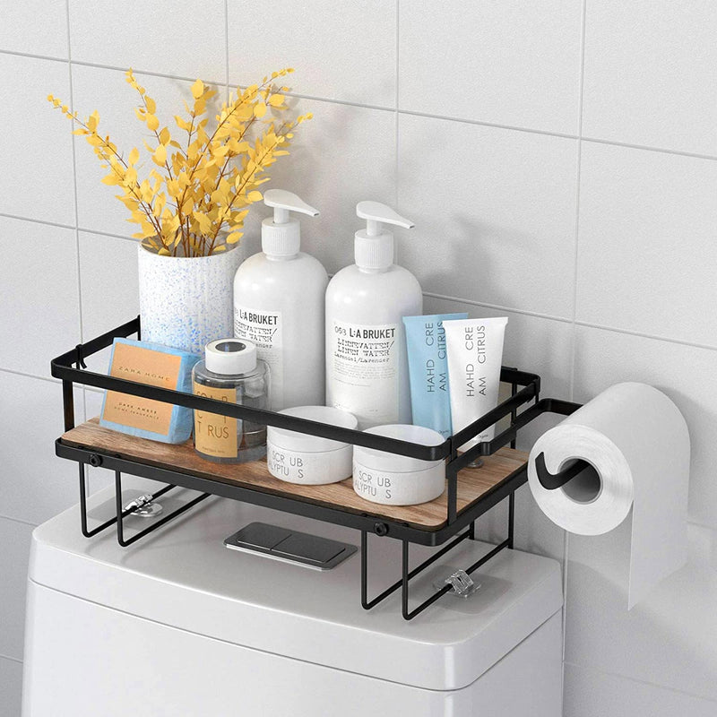 Lorbro over the Toilet Storage Shelf, Bathroom Storage Organizer with Wooden Bottom Plate & Adhesive Base, Toilet Storage Rack for Paper Towels Shampoos Bathroom Decor (White, 2-Tier)