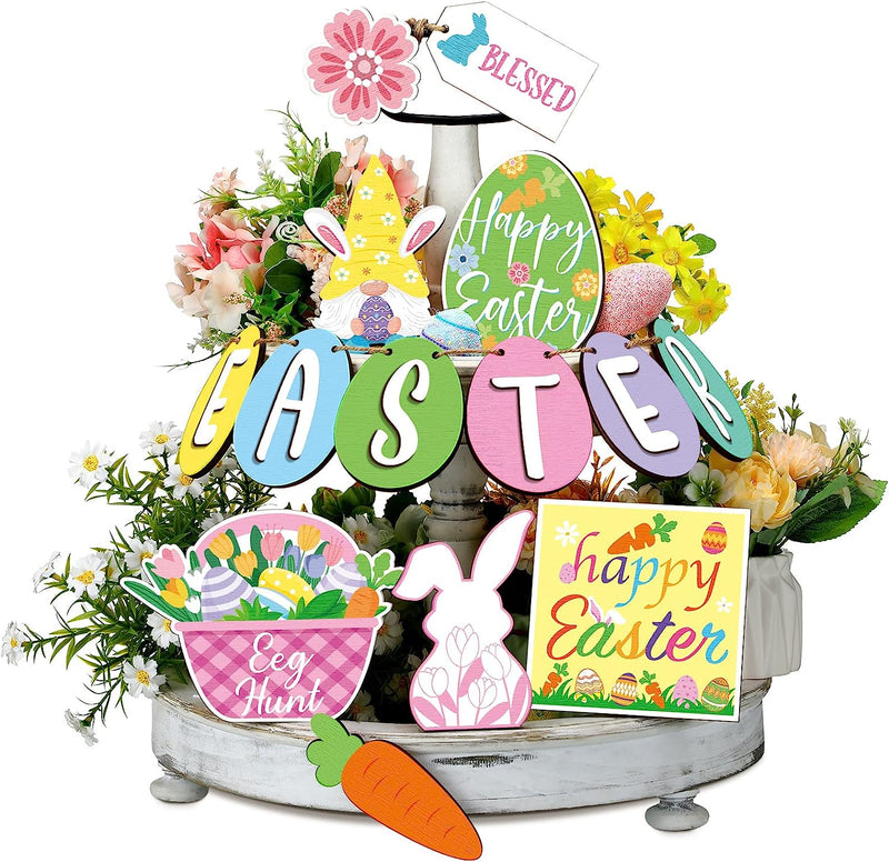 14 Pcs Easter Tiered Tray Decor Happy Easter Egg Mini Wood Sign Rustic Gnomes Bunny Spring Sign Decor Wooden Carrot Easter Decorations for Farmhouse Home Kitchen Office Table Party Gift Home & Garden > Decor > Seasonal & Holiday Decorations Kathfly As Shown in the Pictures  