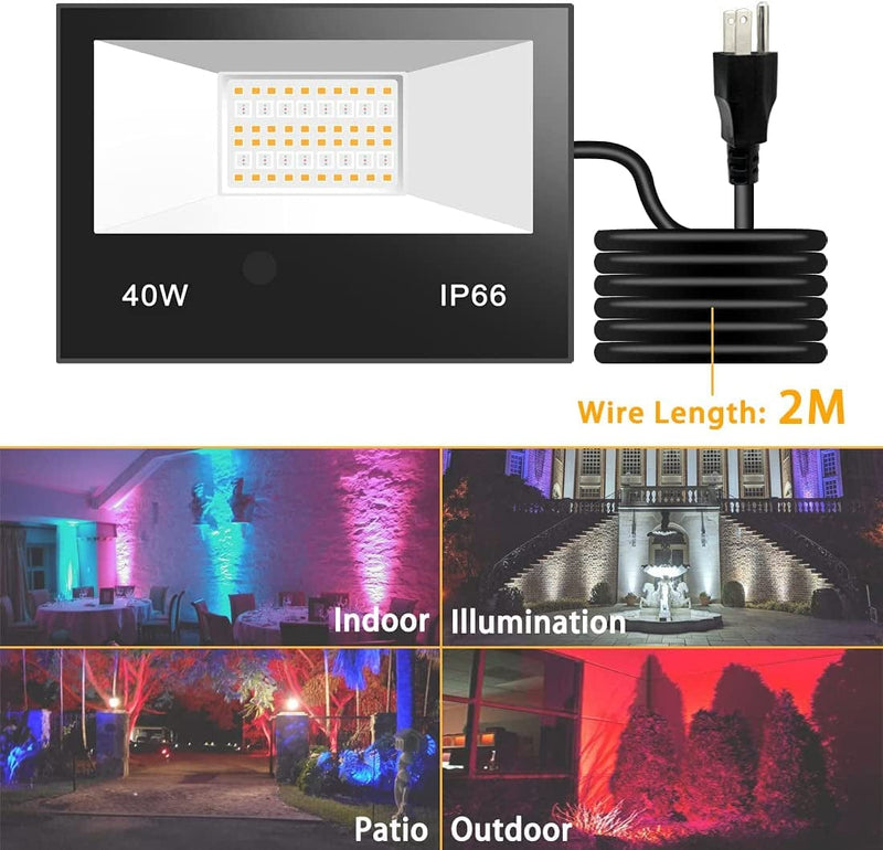 40W LED Flood Lights Outdoor, 120 Colours 5 Modes RGB Floodlight, IP66 Waterproof, Timing Function, 2700K Warm White Security Lights, Wall Light Stage Lights Spotlights Landscape Lighting(1Pack)