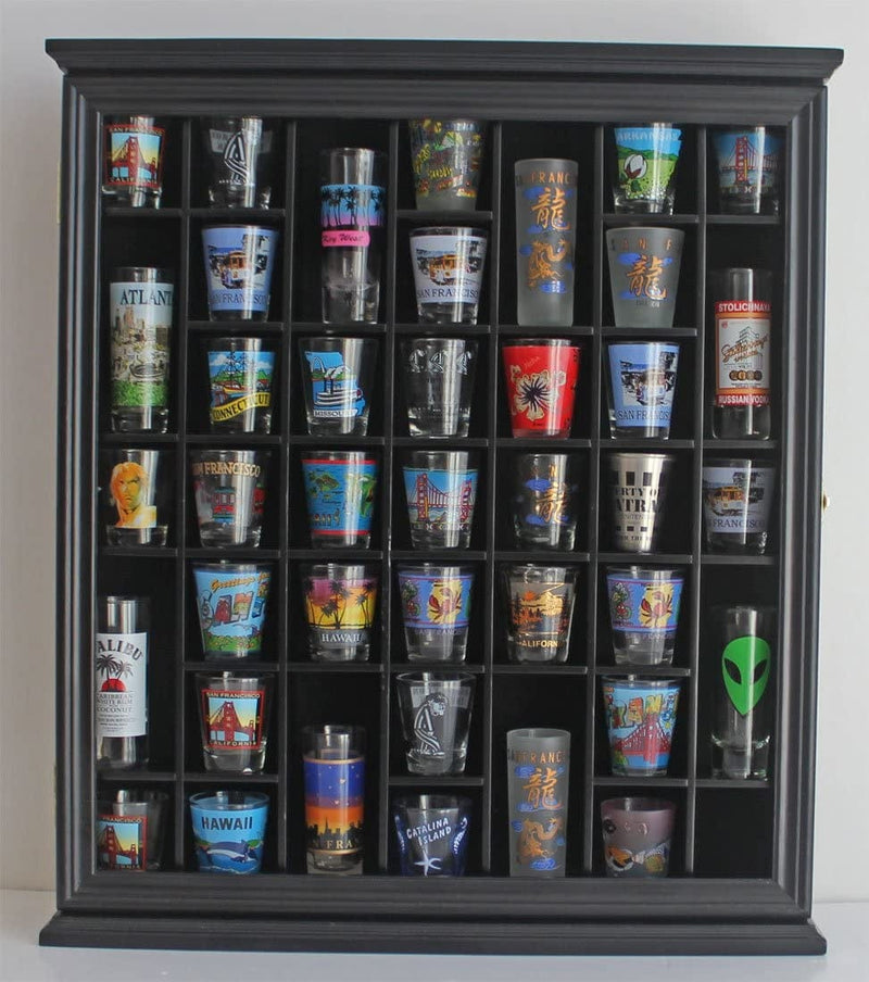 41 Shot Glass Display Case Holder Bar Collection Cabinet Wall Rack Shadow Box with Glass Door Black