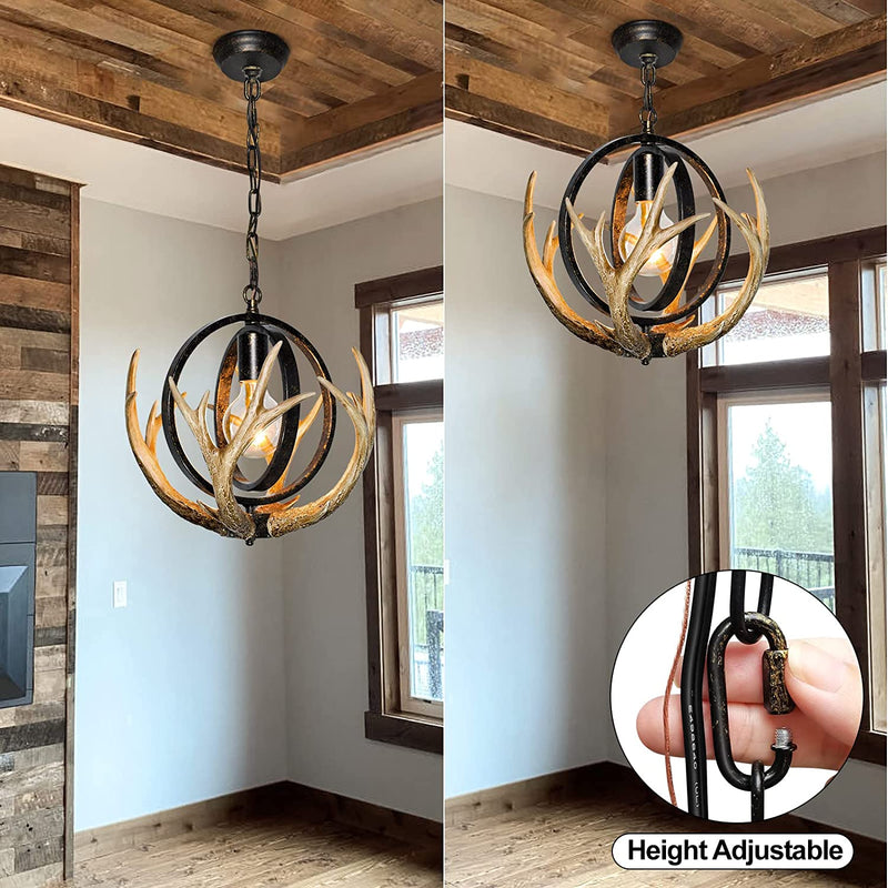 Debemenes Rustic Antler Chandelier, Adjustable Height Farmhouse Chandelier with Resin 4 Antlers and Retro Metal Globe Frame, Vintage Style Pendant Lighting for Dining Room, Kitchen, Entryway