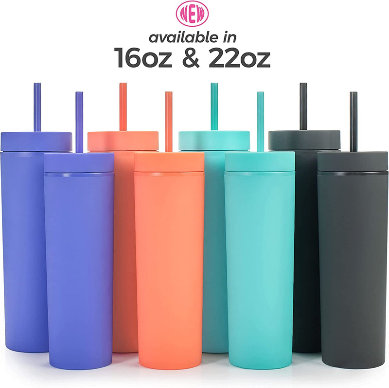 Earth Drinkware (4 Pack 16 Oz. Double Wall Insulated Skinny Acrylic Tumbler with Lid and Straw, Matte Pastel Colored Reusable Plastic Cups, BPA Free | Great for Vinyl DIY Gifts