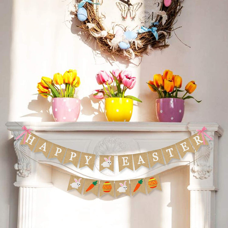 Happy Easter Banner Burlap - Rustic Easter Decorations - Easter Bunny Banner for Mantle Fireplace - Spring Easter Party Decorations Supplies - Easter Home Office School Outdoor & Indoor Hanging Decor Home & Garden > Decor > Seasonal & Holiday Decorations Partyprops   