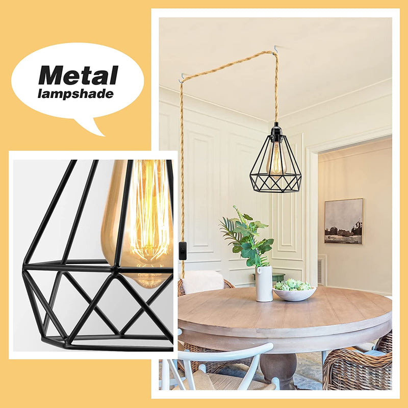 Plug in Pendant Light Hanging Lamp with On/Off Switch 15Ft Hemp Rope Cord, Black Cage Pendant Light Fixture, Hanging Lights with Plug in Cord Pendant Lamp for Living Room Bedroom Kitchen Island Home & Garden > Lighting > Lighting Fixtures WimiSom   