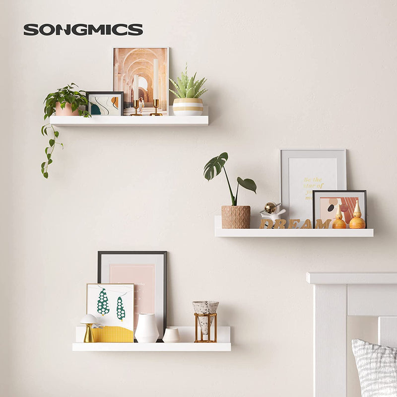 SONGMICS Floating Shelves Set of 3, 15 Inch Wall Shelf Ledge for Bathroom Bedroom Kitchen Living Room Home Office, Wall Decor & Storage, White ULWS38WT