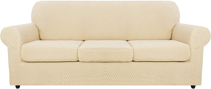 MAXIJIN 4 Piece Newest Couch Covers for 3 Cushion Couch Super Stretch Non Slip Couch Cover for Dogs Pet Friendly Elastic Jacquard Furniture Protector Sofa Slipcovers (Sofa, Dark Coffee) Home & Garden > Decor > Chair & Sofa Cushions MAXIJIN Light Beige 71"-91"(3 CUSHIONS) 