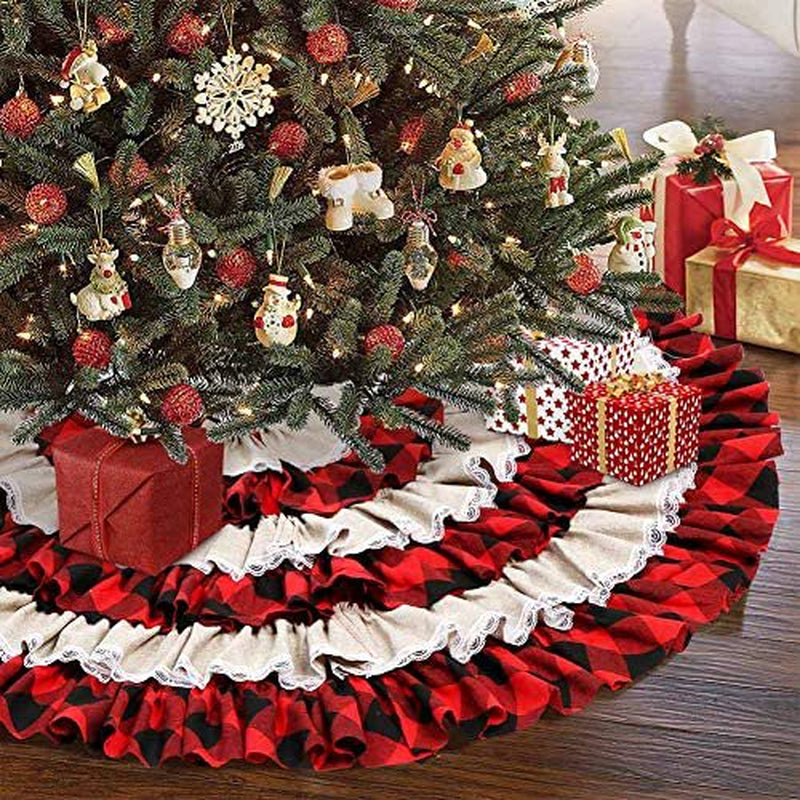 Junrui Buffalo Plaid Christmas Tree Skirt 48 Inches (120Cm), 6 Layers Ruffled Red and Black Buffalo Check Christmas Tree Skirt Burlap Xmas Tree Skirt for Holiday Christmas Decorations