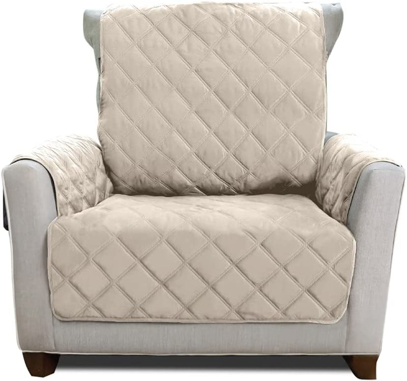 MIGHTY MONKEY Patented Sofa Slipcover, Reversible Tear Resistant Soft Quilted Microfiber, XL 78” Seat Width, Durable Furniture Stain Protector with Straps, Washable Couch Cover, Chevron Navy White Home & Garden > Decor > Chair & Sofa Cushions MIGHTY MONKEY Beige/Latte Small Chair 