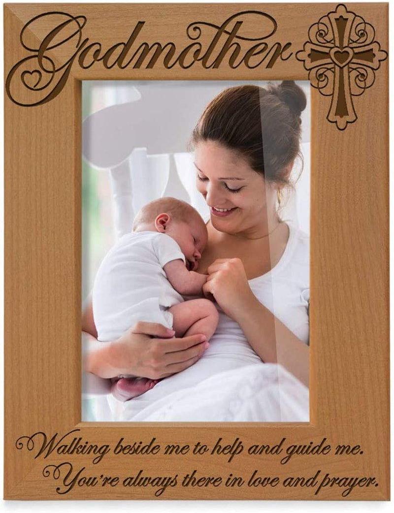 KATE POSH - Godmother Engraved Natural Wood Picture Frame, Cross Decor, Godmother Gift from Godchild, Baptism Gifts, Religious Catholic Gifts, Thank You Gifts (5" X 7" Horizontal)