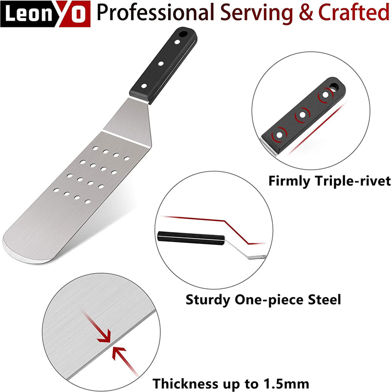 Griddle Accessories Set of 5, Leonyo Stainless Steel Grill Griddle Tool Set- Metal Spatula for Flat Top Hibachi Teppanyaki Kitchen Cooking, Riveted Grip, Dishwasher Safe, S Hooks, Indoor Outdoor Home & Garden > Kitchen & Dining > Kitchen Tools & Utensils Leonyo   