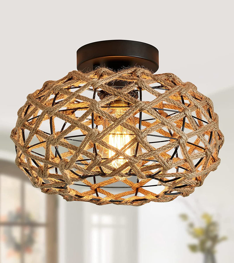 AMZASA Plug in Pendant Light Boho Woven Haning Lamp With15.1Ft Hemp Rope Cord,On/Off Switch Retro Coastal Wicker Rattan Cage Hanging Light for Kitchen Island Bedroom Living Room Home & Garden > Lighting > Lighting Fixtures AMZASA Ceiling Light  