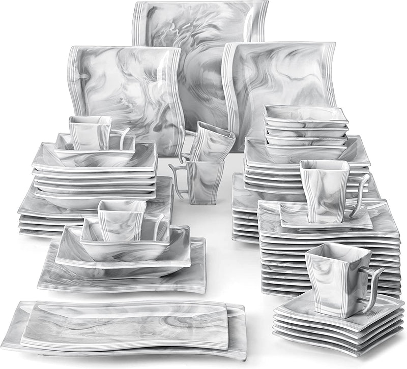 MALACASA Dinnerware Sets, 30 Piece Marble Grey Square Plates and Bowls Sets, Porcelain Dinner Set with Dishes, Plates Set, Cups and Saucers, Modern Dish Set for 6, Series Flora Home & Garden > Kitchen & Dining > Tableware > Dinnerware MALACASA Marble Grey 56 Piece(Service for 12) 
