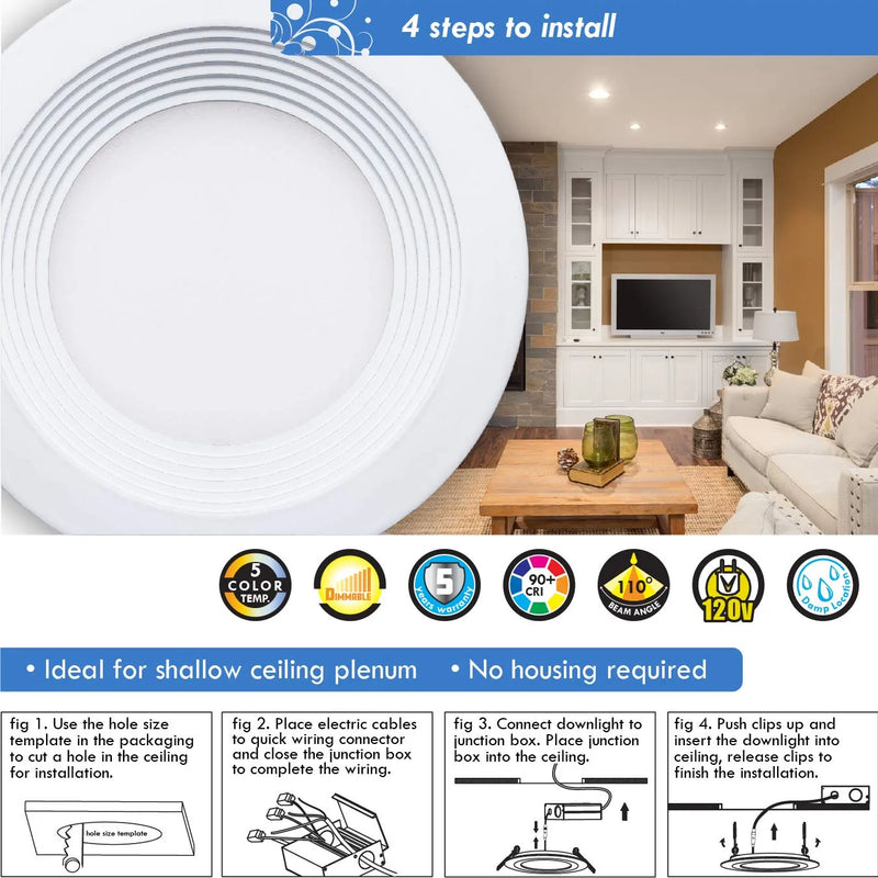 Mw 3 Inch Canless 5 Selectable Color Temperature Baffle round LED Ultra-Slim Downlight with Junction Box, 2700/3000/3500/4000/5000K, Dimmable, 500LM, Energy Star Home & Garden > Lighting > Flood & Spot Lights MW LIGHTING   