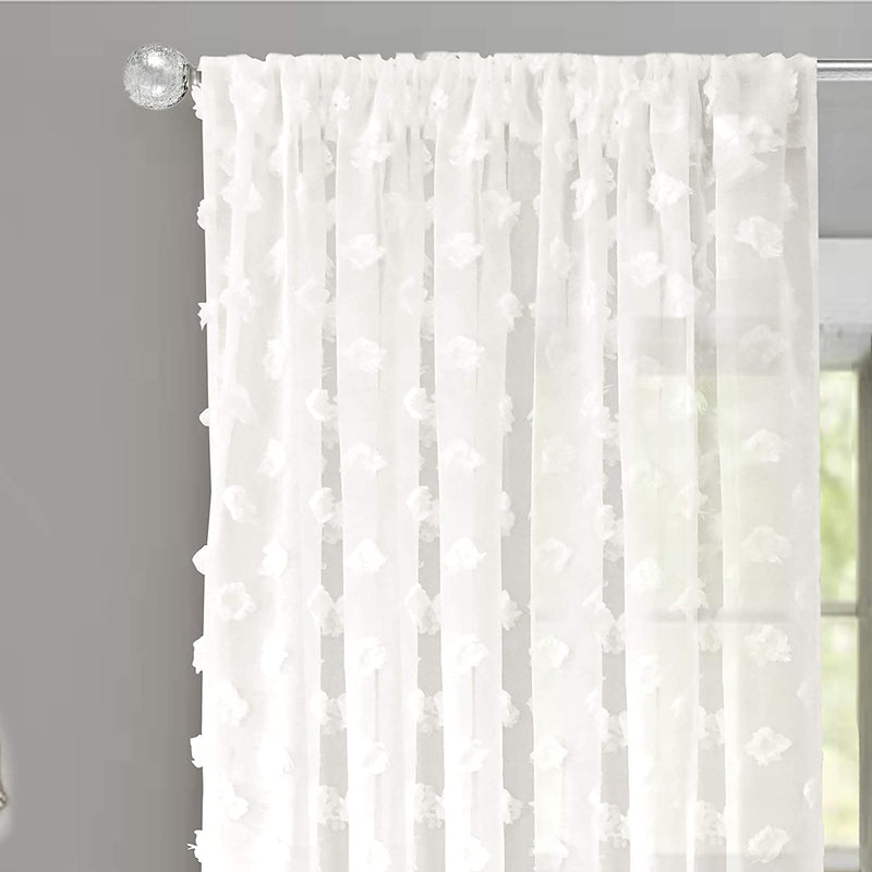 Driftaway Olivia Gray Voile Chiffon Sheer Window Curtains Embroidered with Pom Pom 2 Panels Rod Pocket 52 Inch by 96 Inch Light Gray