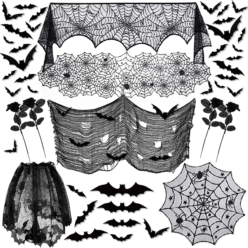 41PCS Halloween Decorations Indoor - Halloween Spider Web Lace Mantel Scarf, Table Covers and Lampshade, Halloween Creepy Cloth, 3D Bats and Black Roses for Halloween Decor Arts & Entertainment > Party & Celebration > Party Supplies Dazonge Halloween01  