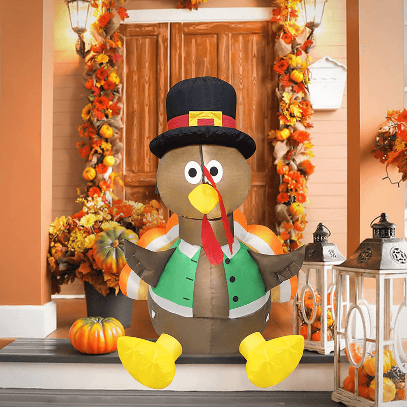 42 Inches Inflatable Lighted Happy Turkey - Turkey Gobble Pilgrim Thanksgiving Festive Yard Decor Display Autumn Fall Lights Outdoor Decoration