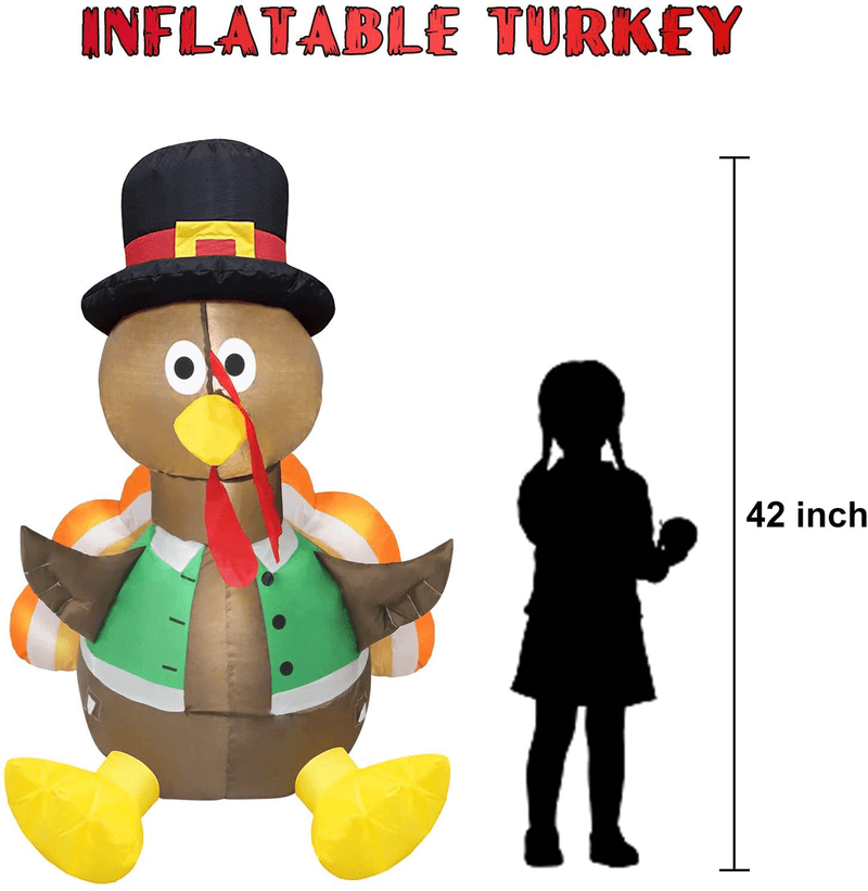 42 Inches Inflatable Lighted Happy Turkey - Turkey Gobble Pilgrim Thanksgiving Festive Yard Decor Display Autumn Fall Lights Outdoor Decoration