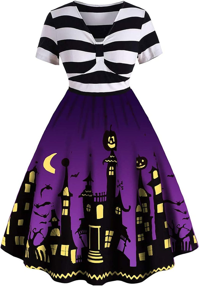 ZEZCLO Women'S plus Size Halloween Dress Funny Striped Pumpkin Halloween Costume Flared Dresses  ZEZCLO Purple Medium 