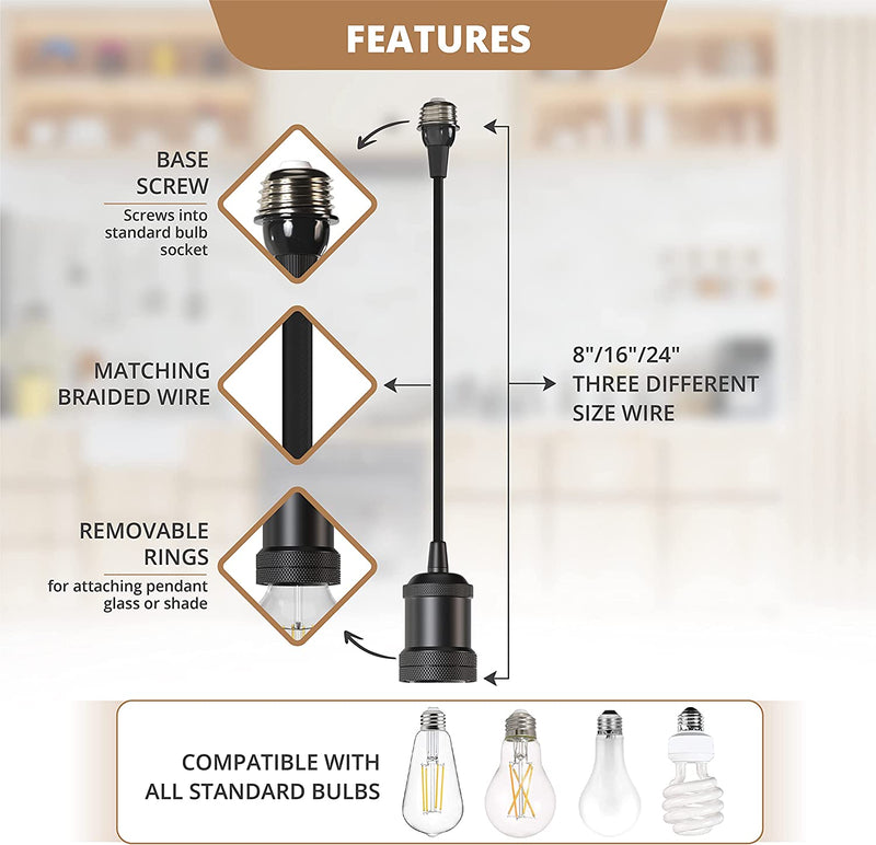 Quiklamp Black 8 Inch Socket to Mini Pendant Light Converter Adapter, Easily Converts Standard Bulb Socket to Mini Pendant Light without Wiring and Tools, Use with or without Shade (Not Included) Home & Garden > Lighting > Lighting Fixtures Quiklamp   