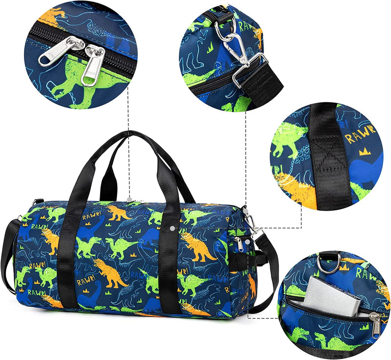 Duffle Bags for Kids Boys Gym Tote Bag Sports Overnight Travel Duffle with Shoe Compartment and Wet Pocket (Dinosaur Dark Blue) Home & Garden > Household Supplies > Storage & Organization Bluboon   